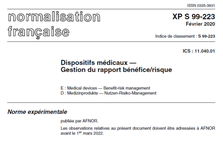 Résumé de la norme XP S99-223 relative à la gestion du rapport bénéfice/risque des dispositifs médicaux