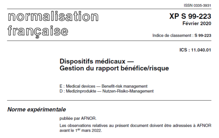 Summary of the XP S99-223 standard for managing the benefit/risk ratio of medical devices