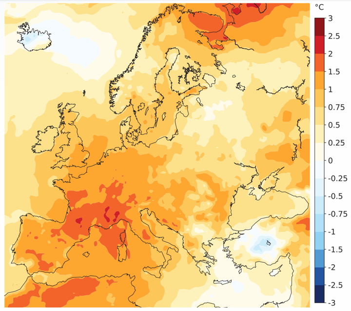 Anomalie de la température moyenne de l'air en surface pour 2022, par rapport à la période de référence 1991-2020